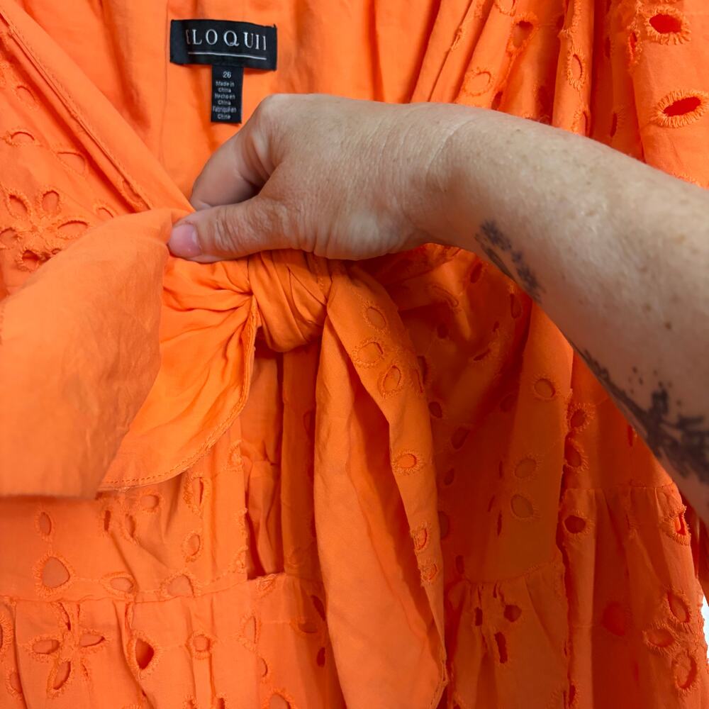Eloquii 26 Plus Boho Cottagecore Romantic Orange Eyelet Tie Front Maxi Dress - Picture 4 of 10